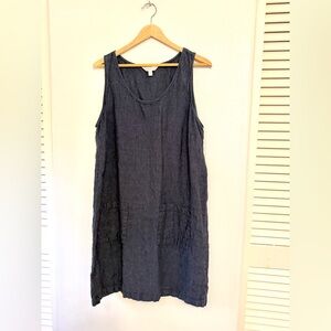 Garnet Hill dark blue chambray washed linen shift dress with patch pockets